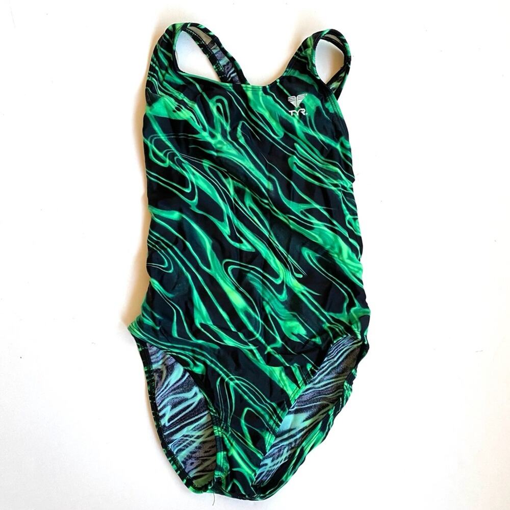 TYR Black~Green Competition Tank Swimsuit SUPER‎ CLEAN COND.